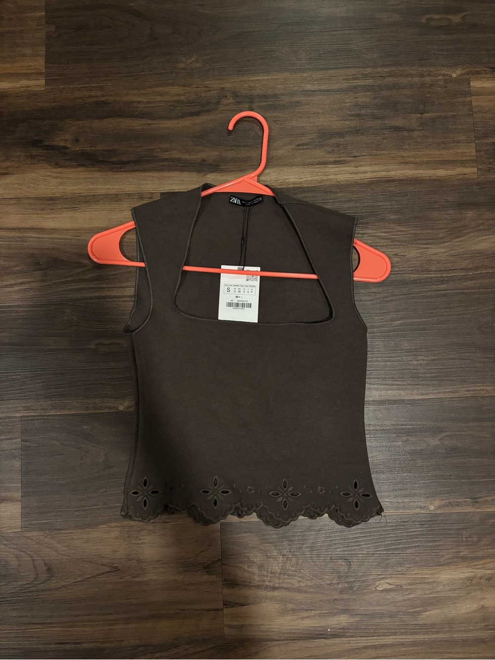 Zara Brown Square-Neck Tank with Scalloped Eyelet Hem